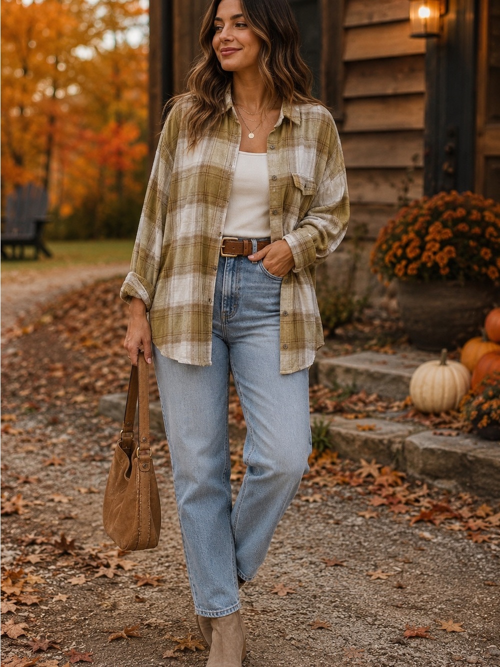 Plaid Button Down Shirt Oversized Flannel Neutral Coastal Fall XLg